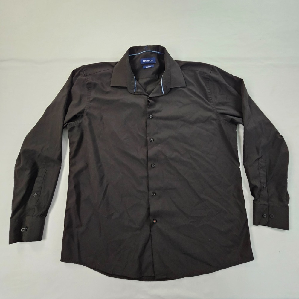 Nautica Black Long Sleeve Poyester Blend Slim Fit Button-Up Shirt Men's L